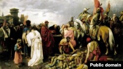 «Венгры под Киевом», Пал Ваго, 1885 год. Анахронизм на картине – в конце IX века Киев еще не был христианским городом
