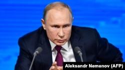 Президент России Владимир Путин во время пресс-конференции в Москве, 20 декабря 2018 г.