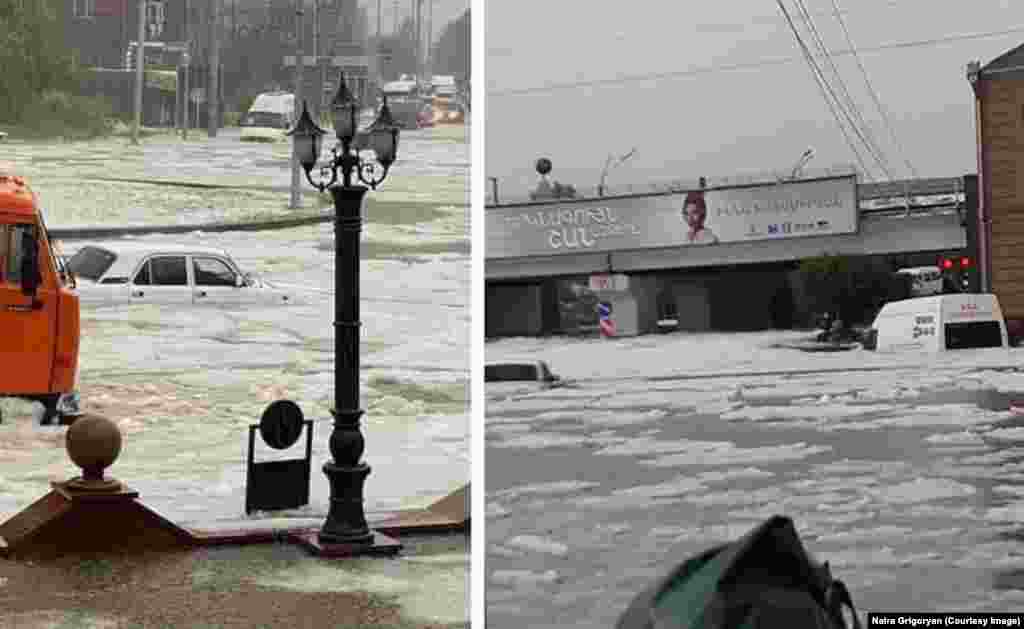 Центр Ґюмрі &ndash; рівень води піднімається і град перетворюється в плавучі крижини. Наїра Григорян, яка управляє туристичною компанією в Ґюмрі, повідомила Радіо Свобода, що злива почалася близько 16:00 13 липня. Вона каже, що через кілька хвилин територія біля її будинку стала схожа на &laquo;крижаний океан&raquo;, оскільки град засмітив стоки і в результаті утворилася повінь